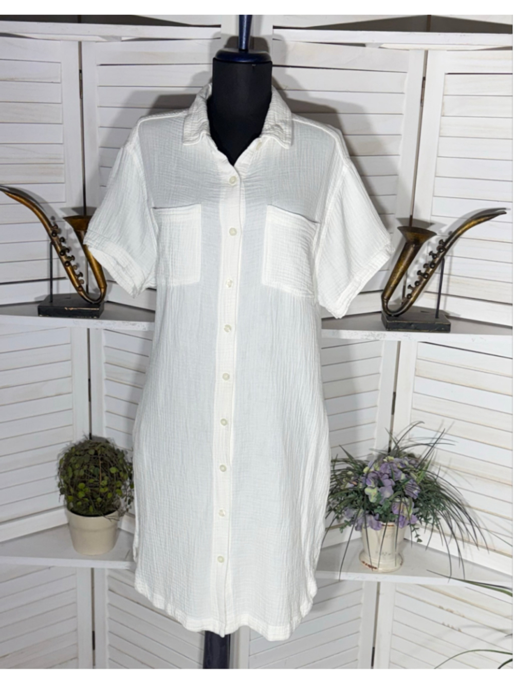 Weatherproof Vintage midi dress white gauze cotton coastal resort cruise boho M
